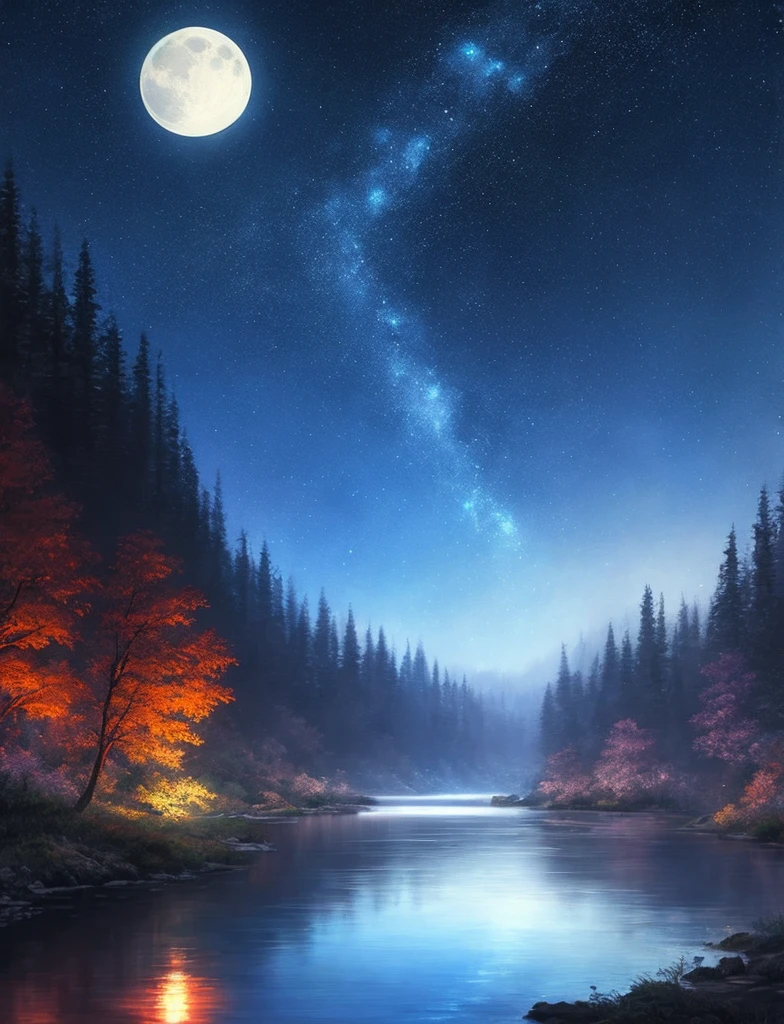 A painting of a river with stars and moon in the sky, concept art inspired by Tosa Mitsuoki, pixiv contest winner, best quality, fantasy art, beautiful anime scene, a bright moon, moonlit starry environment, dream painting, Anime Background Art, Fantasy Landscape Art, Fantasy Night, Anime Background, Background Artwork, Fantastic Art, Atmospheric Anime, Starry Sky, Detail Enhanced.