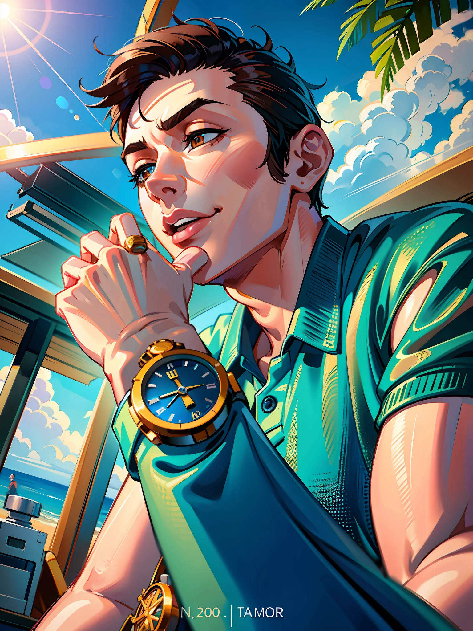 (masterpiece),(best quality:1.0), (ultra highres:1.0), detailed illustration, 8k, anime, 1boy, anime boy, wearing a blue polo shirt, at a beach, sunny day, summer, detailed face, perfect face, anime eyes, detailed eyes, dark brown eyes, wrist watch, detailed hair, highlights in hair, highly detailed, anime style, vibrant