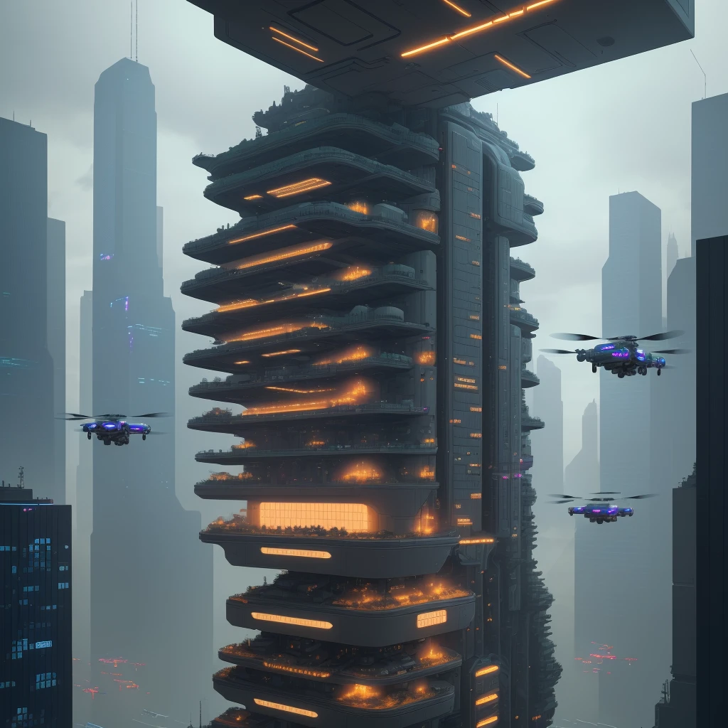 Futuristic Cityscape, ((Cyborg)), (Irregular Architecture), Mechanics, (Cyberpunk), (Levitation Train), Drones, Realistic Lighting, (Abyss) Masterpiece, High Quality, Beautiful Graphics, high detail,