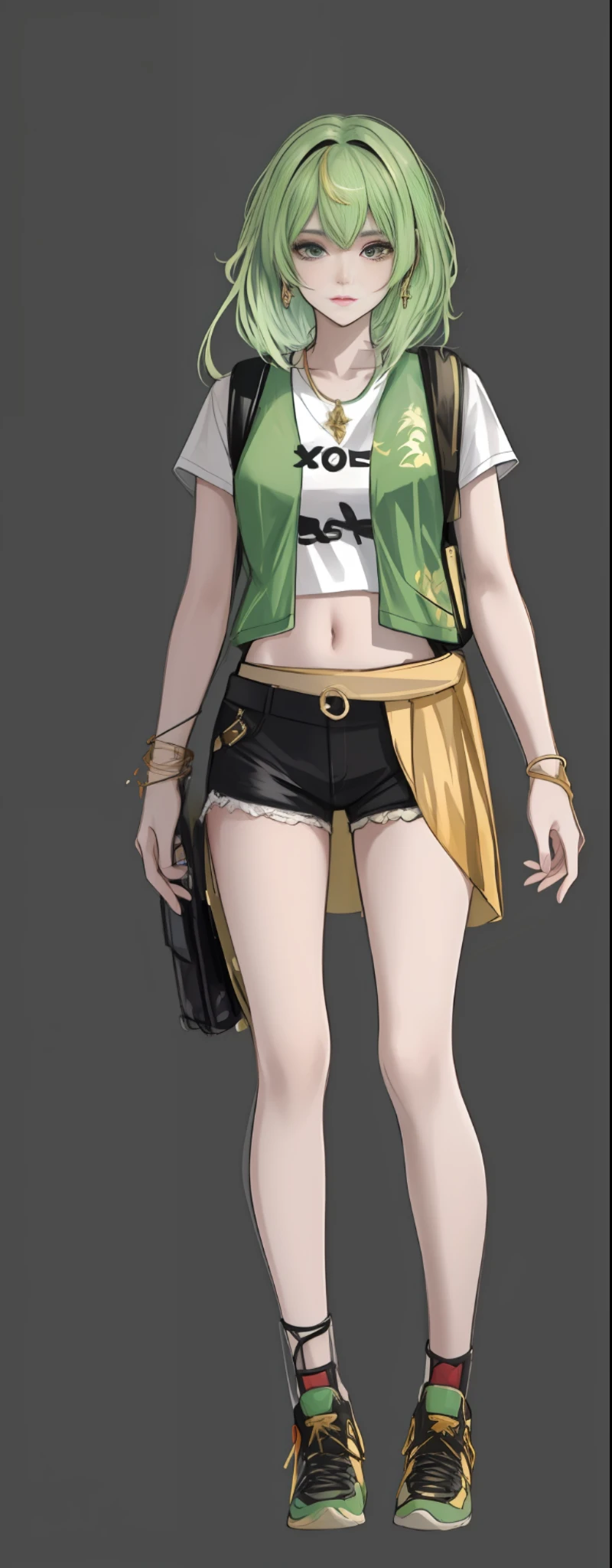 girl, vertical painting, natural light, global light, front view, fashion, gold dragon pattern, pattern, clothing, headset, sophisticated, generate more details, light green hair, dark green vest, light green t-shirt, black shorts, sneakers, black backpack, modern, anime style, anime, modern, futuristic, first-person perspective, panorama, concept art, uhd, masterpiece, ccurate, textured skin, super detail, high detail, high detail, high quality, best quality, high resolution, no background, white background