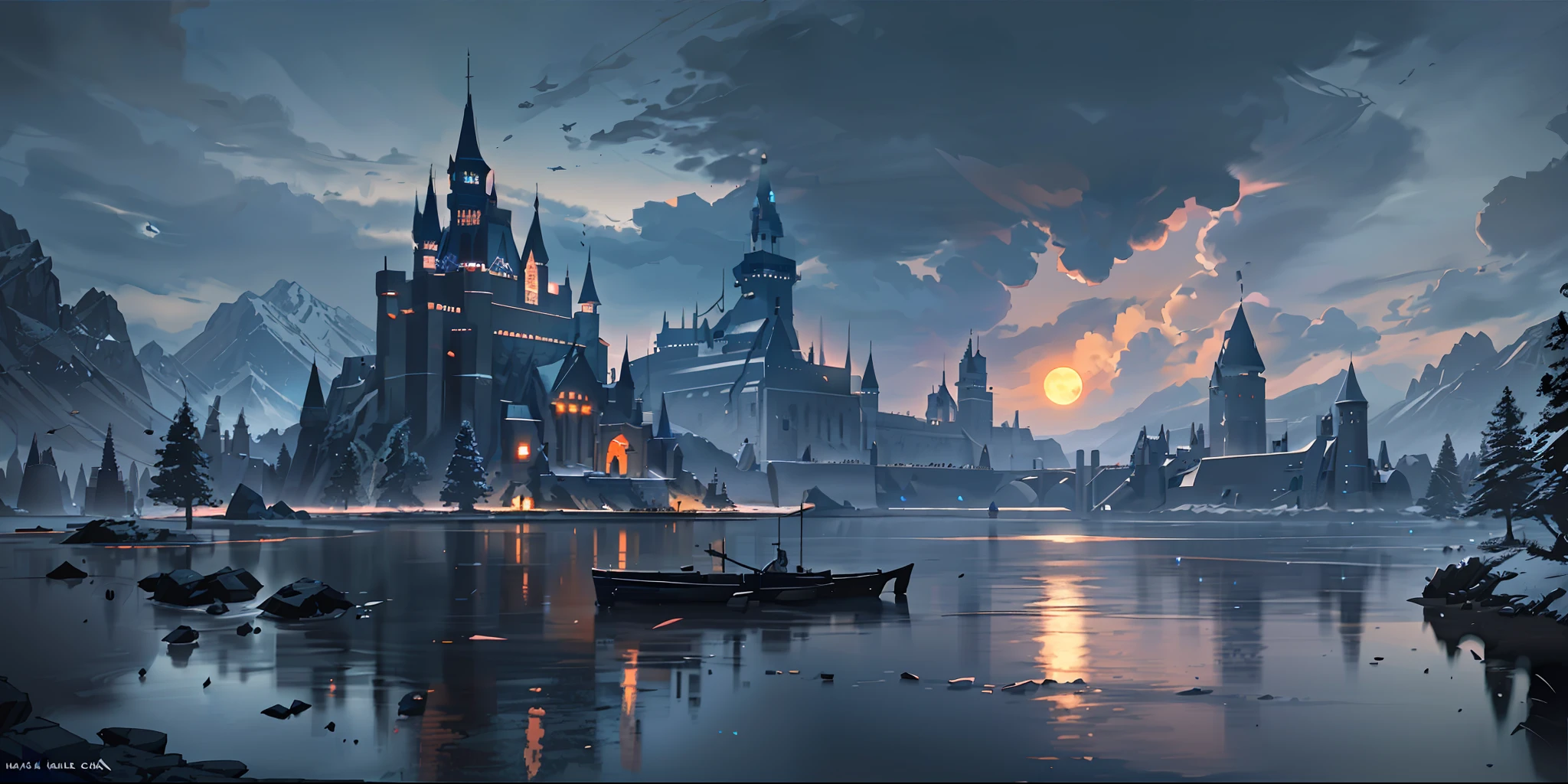 On an island in the middle of the lake there is a castle, Black Lake, which can be seen across the Black Lake. Owls fly in the sky, night, full moon. , concept art inspired by Andreas Rocha, Polycount contest winner, fantasy art, magical fantasy 2 D concept art, a huge floating castle, fantasy concept art, painting concept art, dark pastel castle background, concept art stunning atmosphere, concept art style, magical concept art, concept art magical highlights. --v6