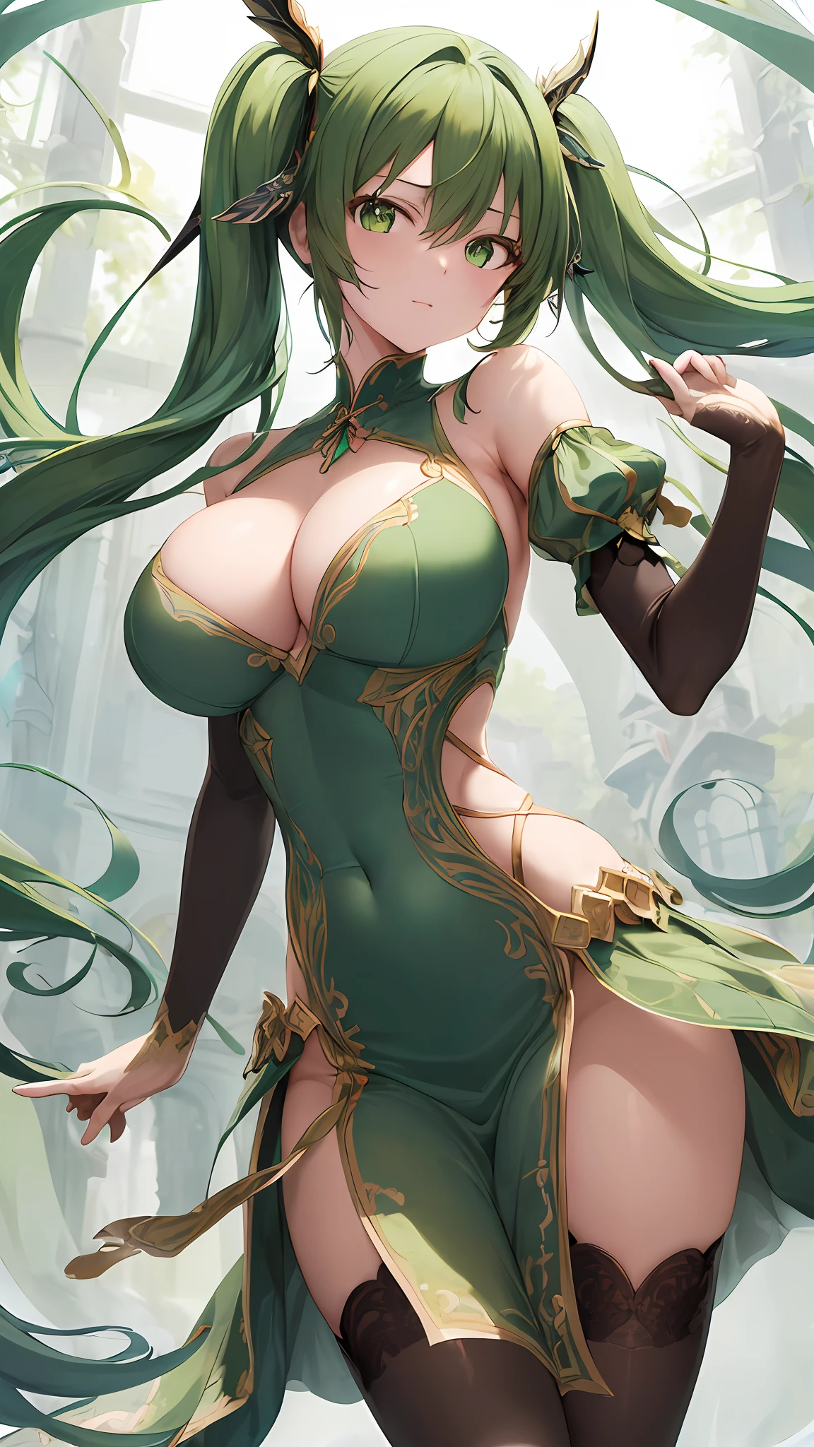 (((masterpiece))),(((bestquality))),((ultra-detailed)),(illustration),((anextremelydelicateandbeautiful)),dynamicangle,floating,(beautifuldetailedeyes),(detailedlight) (1girl), solo , floating_hair,glowingeyes,green hair,greeneyes, twintails, halterdress, atdan, 绿色背景,
