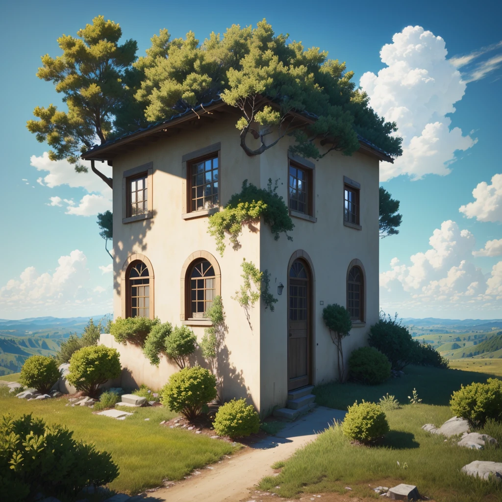 On the plain, several 3D icons at equal distance, based on the romantic theme style of "Your Name" movie (color: 0.6), detailed pine trees, shrubs and grass, rendered using a game engine, rendered in ultra-high quality, clear lines depicted masterpiece-level CGunity 8K wallpaper, to achieve a very detailed illustration effect. Using C4D and Unreal Engine technology, inspired by surrealism, released on artstation, using technologies such as Unreal 5 and daz, and based on the Octane rendering engine, high-quality shadows are created.