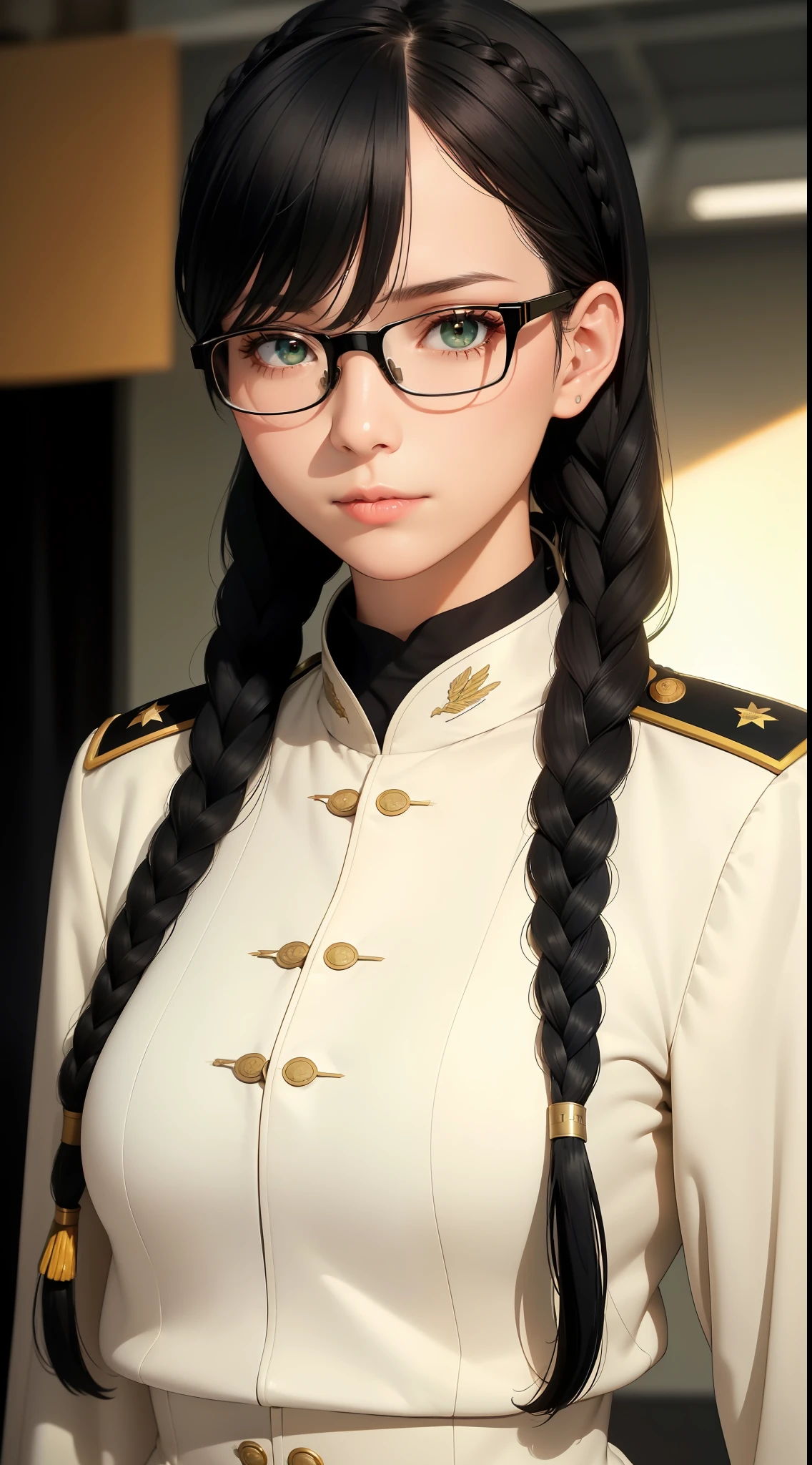 Modest outfit, remote shot, detailed beautiful delicate face, detailed beautiful delicate eyes, perfect facial proportions, high-definition skin, fine skin, four-inch best ratio. With one thumb, a masterpiece, highly detailed, realistic, (World War II German general uniform reference : 1.8), the highest face resolution, adult, modestly dressed woman, dressed entirely, ( small, black hair, black straight bangs, super fine braids, straight bangs, red glasses, dark green eyes), future, science fiction, fighter plane, standing On the landing of a fighter plane, the government agency, a deep intelligent personality, a calm expression, a respectful face, a war, a fighter plane