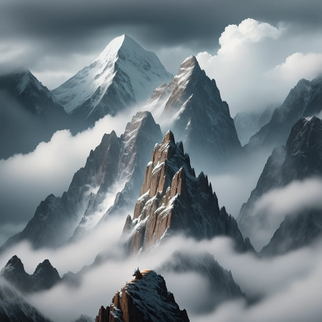 Draw me a dragon hovering over the top of a mountain, asking for realism, the weather is cloudy, rainy, and cloudy
