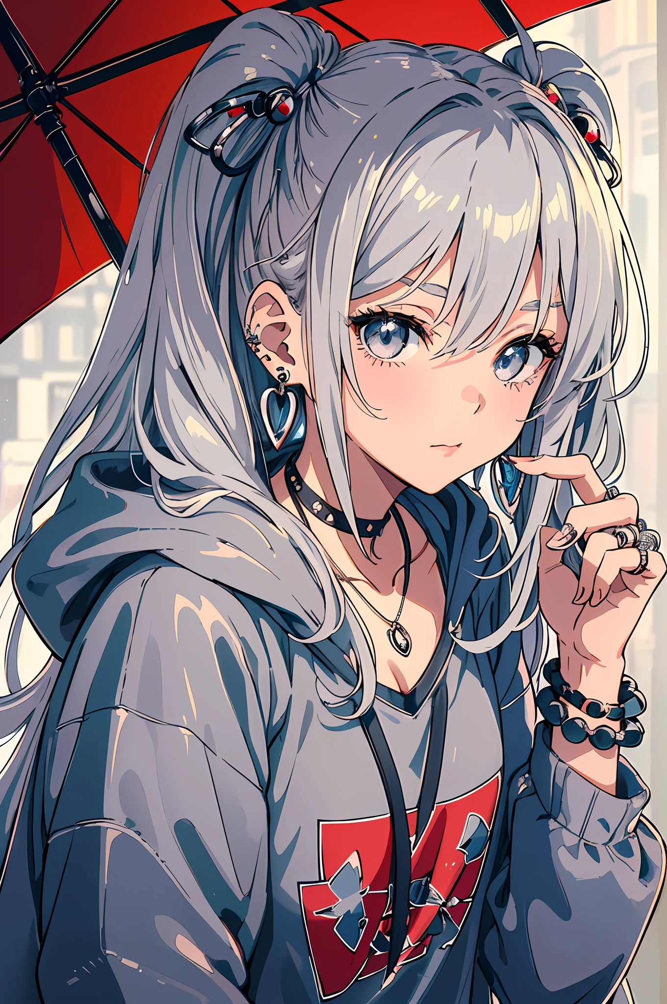 High quality, rich in detail, twin-tailed silver-haired girl posing cutely. She wears a vintage gothic street hoodie with rings, bracelets, earrings and necklaces. Big are also visible. The photo is a close-up of the face, and there is also a sporty atmosphere.