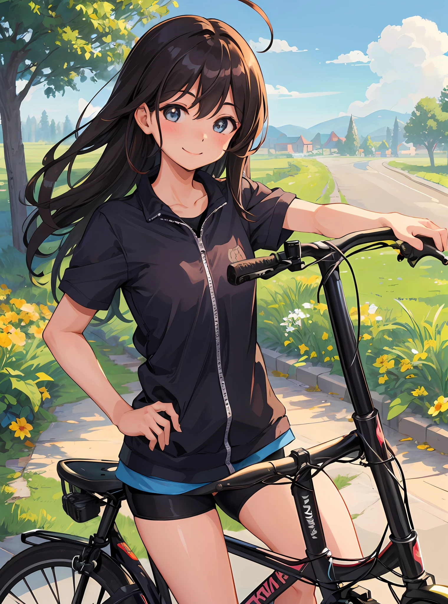 (Masterpiece, the best quality), 1girl, medium shot, delivery girl, bicycle, village streets, gravel road, sunny, happy smile