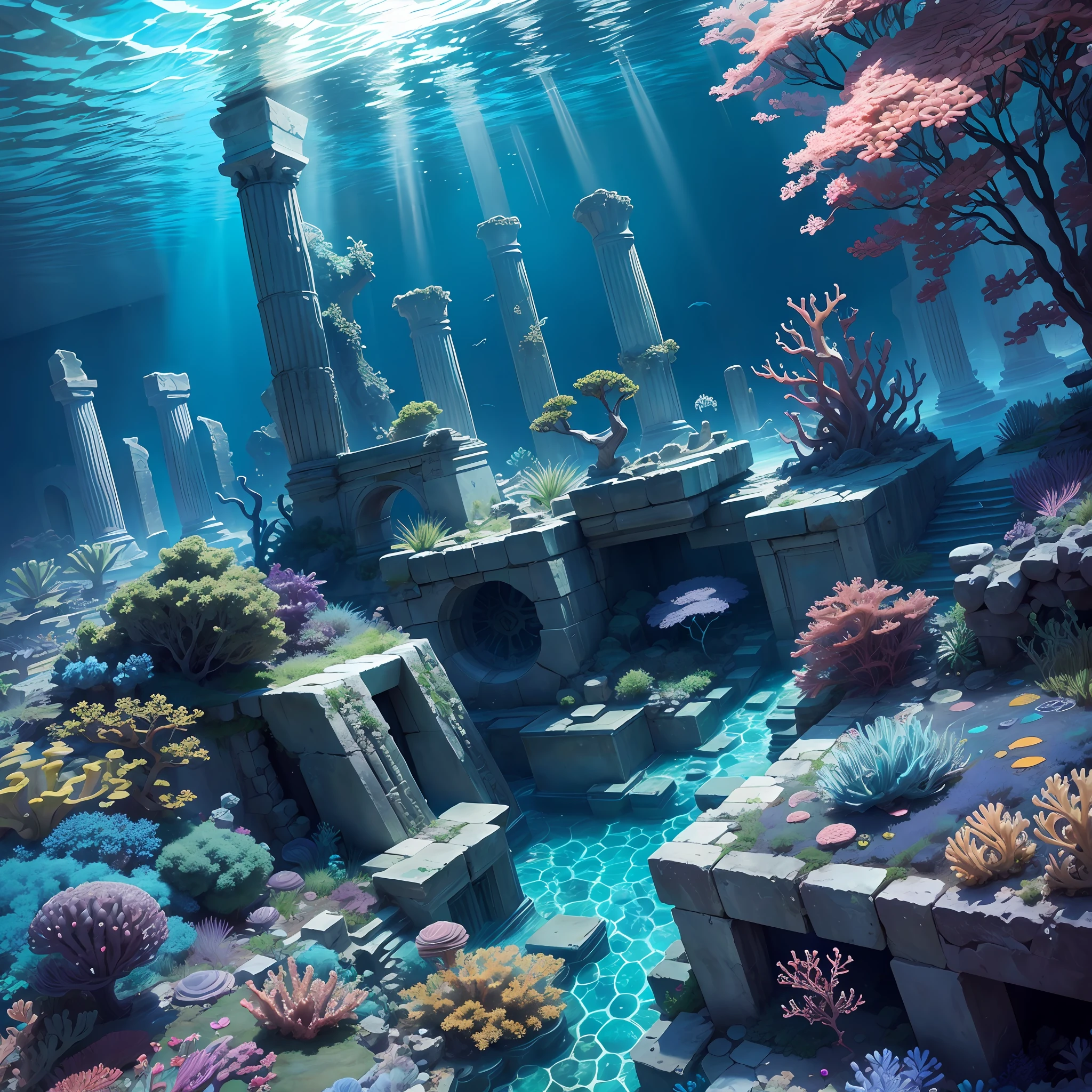 Underwater World Atlantis, Deep Sea, Epic Reality, (HDR: 1.4), Dappled Sun, Cool Colors, ((Ancient Ruins)), Ocean Type Houses Full of Design, Deep Sea Creatures, Coral, Fantastic Incredible, Epic Composition, (Intricate Details), (Intricate Details, Hyper Details: 1.2), Art Station, (Masterpiece, Best Quality) --v 6