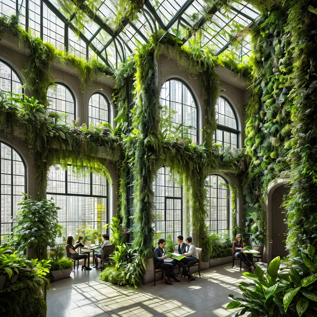 ultra hyper realistic award winning inside indoors a room indoors closeup falling gardens flowering vines whimsical green abstract modern curvy wavy shape archways organic layered textures with moss growing on the side with very small tiny windows seeing skyscrapers of NewYork city outside people walking around, people sitting down reading dramatic, dark, sharp focus, 8k