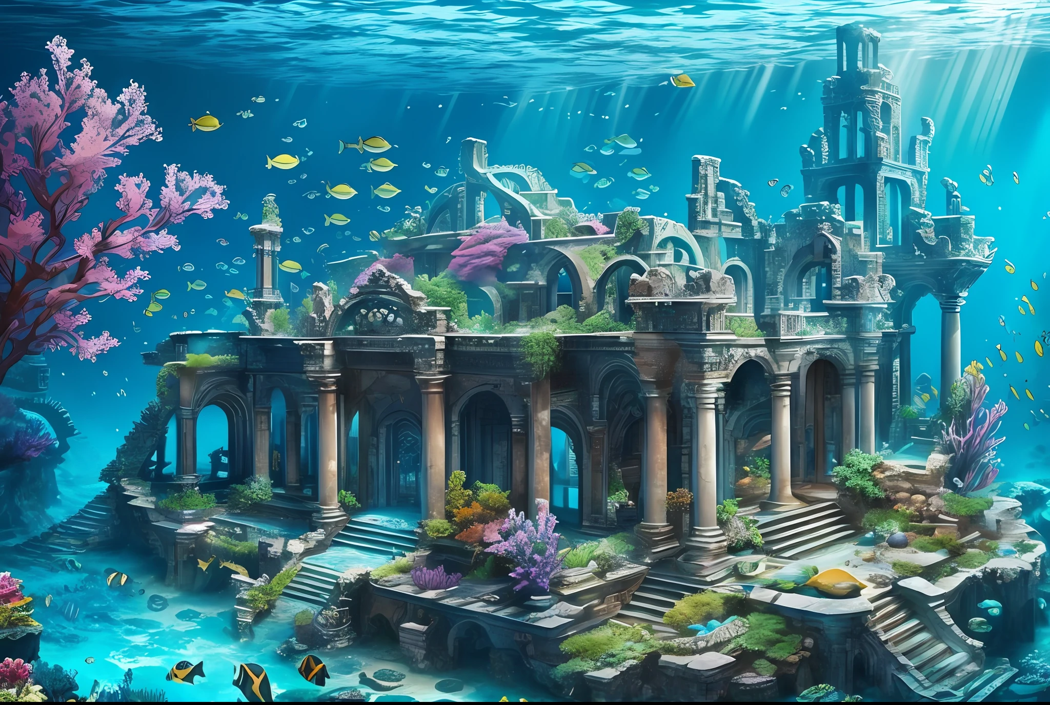 Underwater world deep sea, epic reality, (hdr: 1.4), dappled sunlight, cool colors, ancient ruins, underwater cities, marine life-type houses full of sense of design, incredible, epic composition, (complex details), ( Intricate Detail, Ultra Detail: 1.2), Art Station, Movie Clip, Intricate Background, (Masterpiece, Best Quality) --v 6
