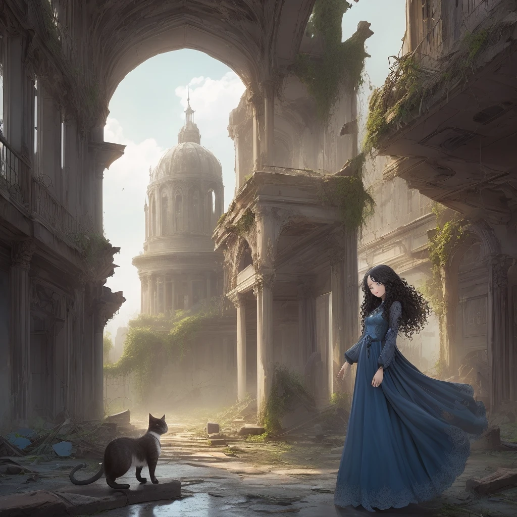 /imagine prompt: illustration of A girl with long black curly hair, blue pupils, wearing a lace dress, playing with a cat ,Desolate ruins, dilapidated cities, Center the composition, Full Length Shot, Sun light, Low contrast, Fantasy, high detail , hyper quality, high resolution, Fine details, Realistic details, rain, deserted city buildings, ruins, full details, Pokemon --no Blur poor quality deformation hand deformation body deformation --ar 9:16 --s 100 --q 2 --c 30 --r 10 --niji 5 --style cute