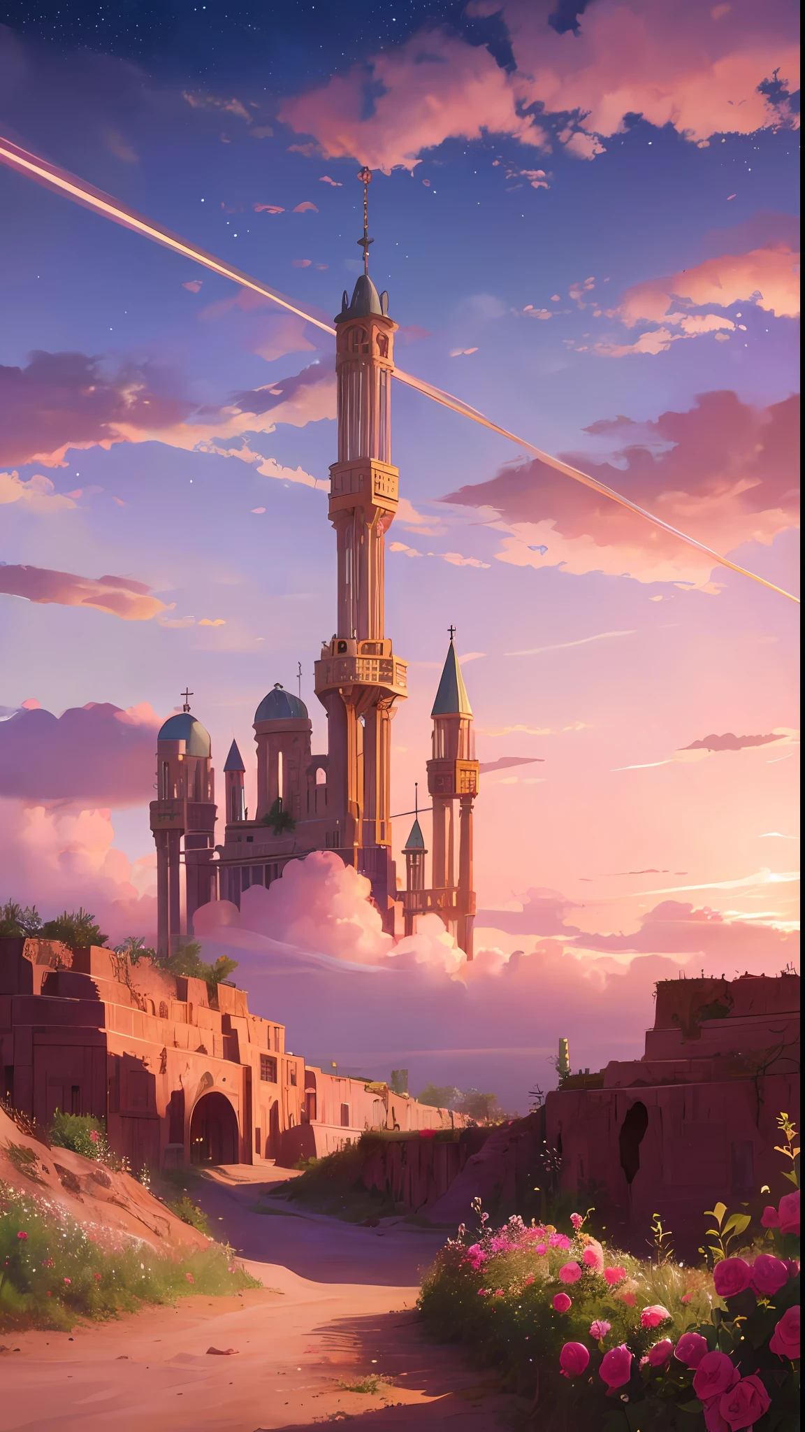 Summer, desert, pink clouds, twinkling stars, a land overgrown with roses, james gurney, art station rendering, ultra-wide lens, high definition