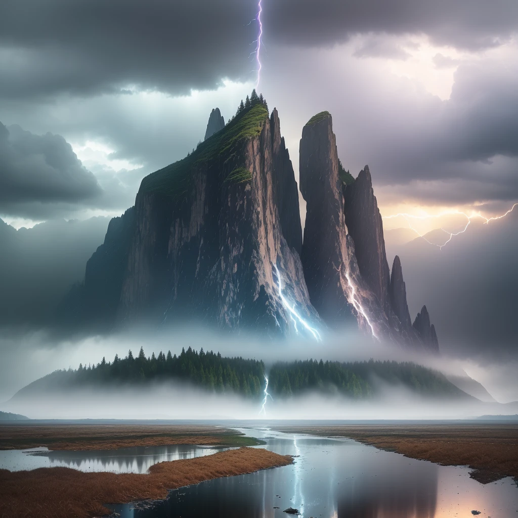 analog style,Chromav5, nvinkpunk,masterpiece, best quality, high quality,extremely detailed CG unity 8k wallpaper, scenery, outdoors, tree, no humans, sky, cloud, mountain, nature, river,  water, rock, cloudy sky, day, landscape, reflection, lake, blue sky, building, mountainous horizon,heavy rain, rainbow, rain, Stormy, lightning, mist, fog , oil paiting, award winning photography, Bokeh, Depth of Field, HDR, bloom, Chromatic Aberration ,Photorealistic,extremely detailed, trending on artstation, trending on CGsociety, Intricate, High Detail, dramatic, art by midjourney