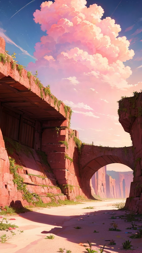 Summer, desert, pink clouds, stars, a land overgrown with roses, james gurney, art station rendering, ultra-wide lens, high definition