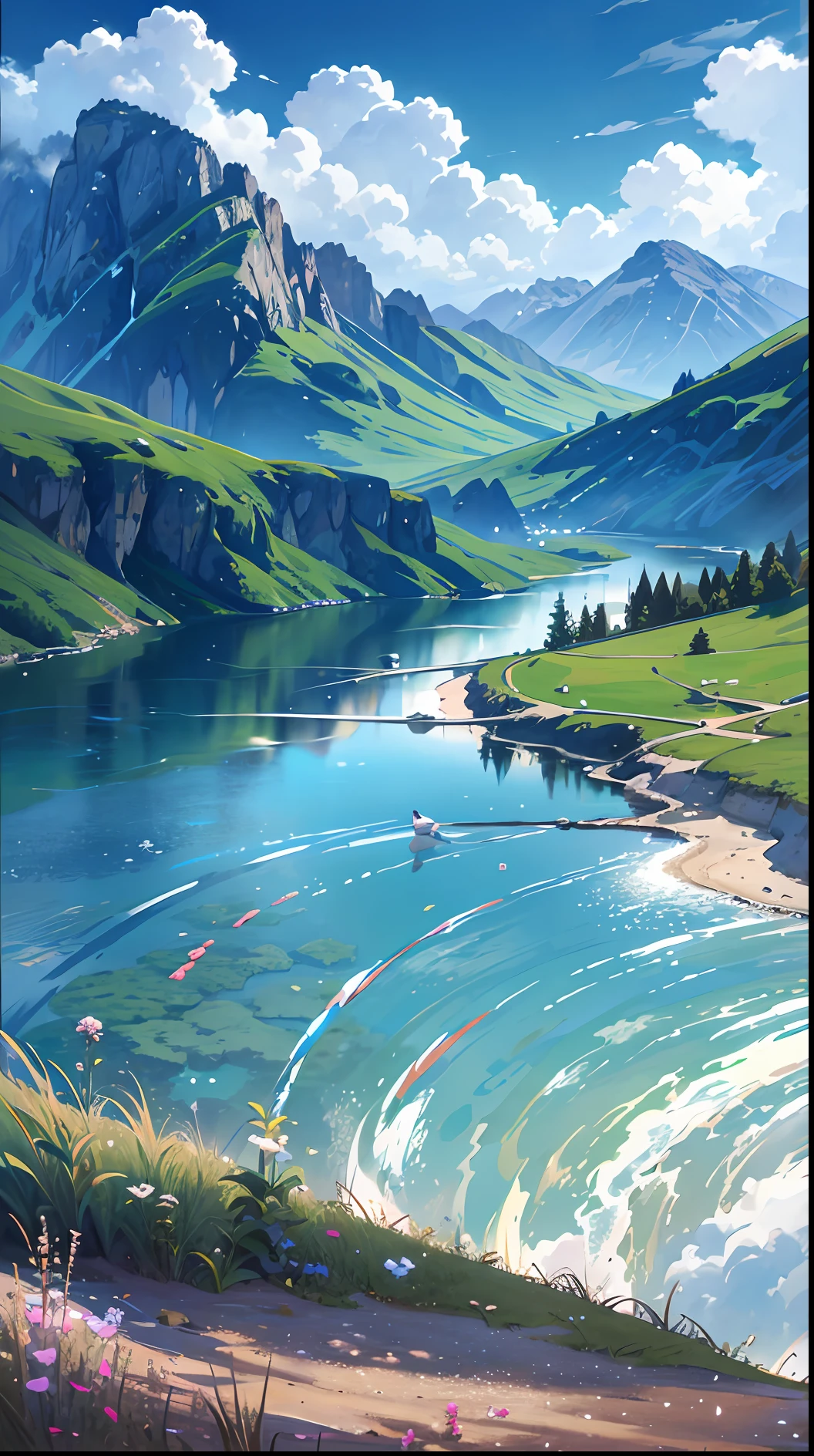 Summer, meadows, few small flowers, clear lakes, sheep, heaven, large clouds, blue sky, hot weather, HD detail, wet watermark, hyper-detail, cinematic, surrealism, soft light, deep field focus bokeh, distant view is snowy mountains, ray tracing, and surrealism. --v6