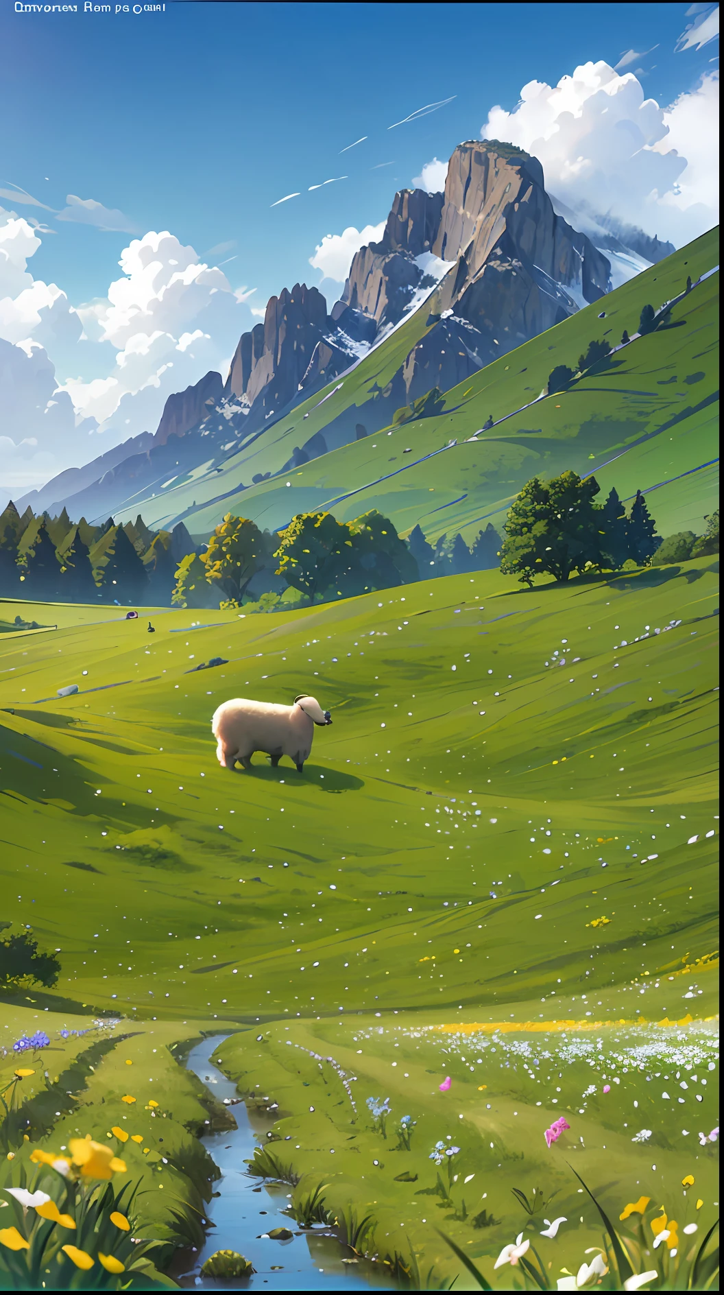 Summer, meadows, few small flowers, clear lakes, sheep, heaven, large clouds, blue sky, hot weather, HD detail, wet watermark, hyper-detail, cinematic, surrealism, soft light, deep field focus bokeh, distant view is snowy mountains, ray tracing, and surrealism. --v6