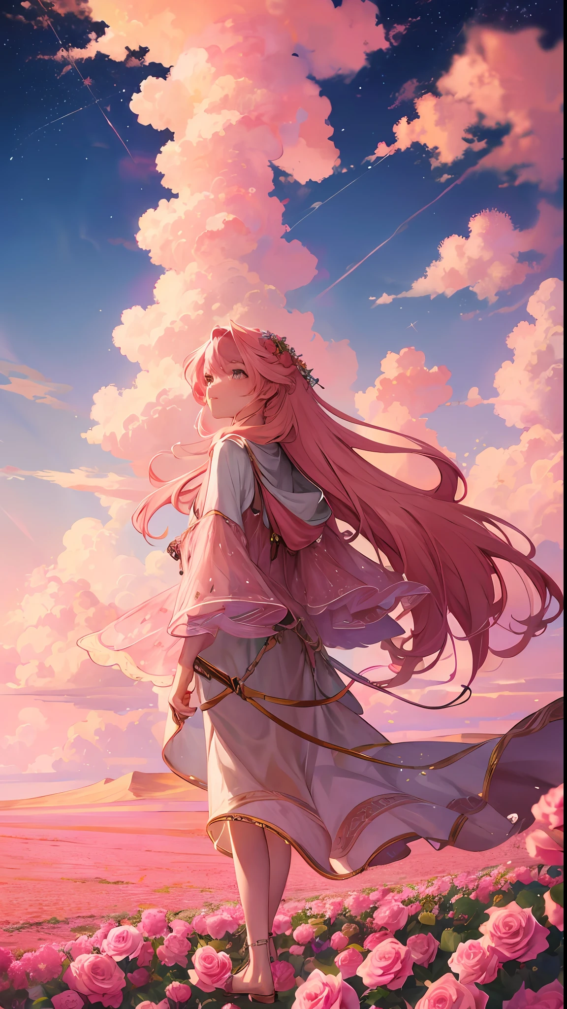 Summer, desert, pink clouds, twinkling stars, a land overgrown with roses, james gurney, art station rendering, ultra-wide lens, high definition