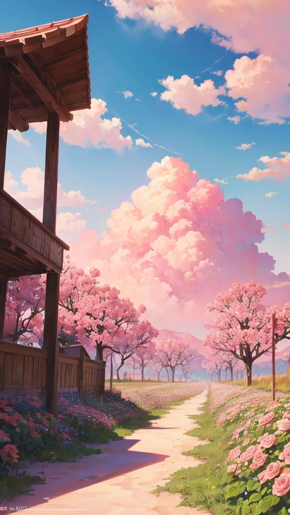 Summer, desert, pink clouds, a land overgrown with roses, James Gurney, art station rendering, ultra-wide lens, high definition