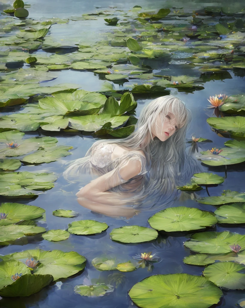 The Lady of the Lake, waterlilies, reflective water, mist, beautiful image, masterpiece, perfect