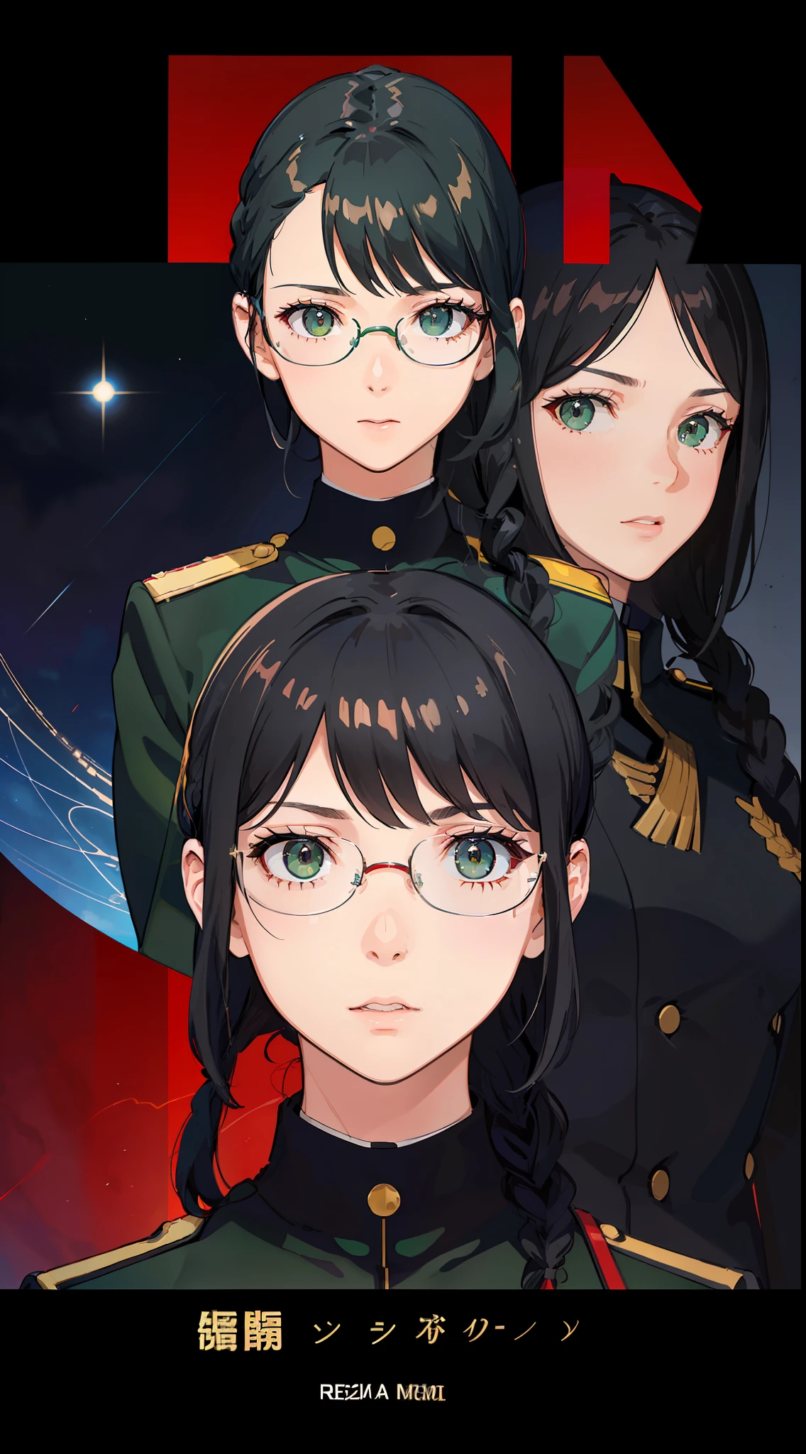 Human-like,Movie Poster,Real,(Face Resolution),Adult,Woman,25 years old,Dark green eyes,Dark black hair,Red glasses,(Double Braid hairstyle),(Smooth bang shape:1.4)),Commander uniform,Commander uniform,Standing at the Air Force Airfield,Science fiction,Sci-fi,(Reference to the film Foundation)