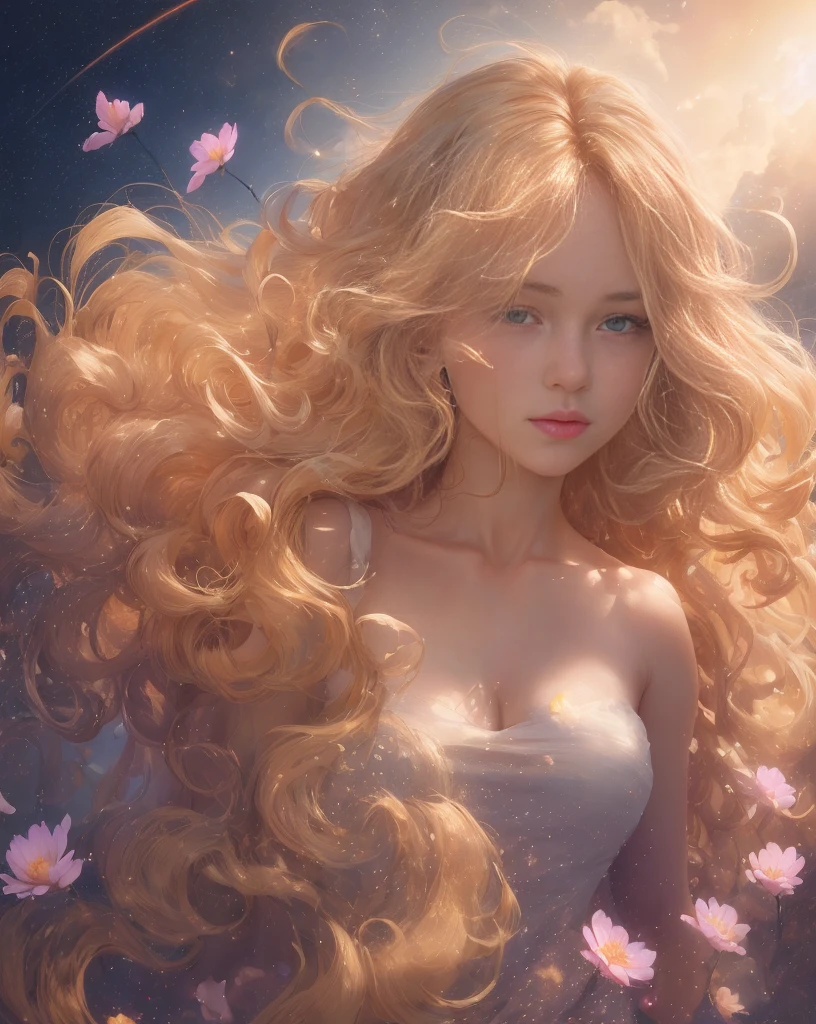 (best quality, masterpiece), young woman, pose, particle, wind, flower, upper body, simple background, looking at viewer, long curly windblown blonde hair, galaxy,backlit,rimlight,beautiful artwork,perfect composition