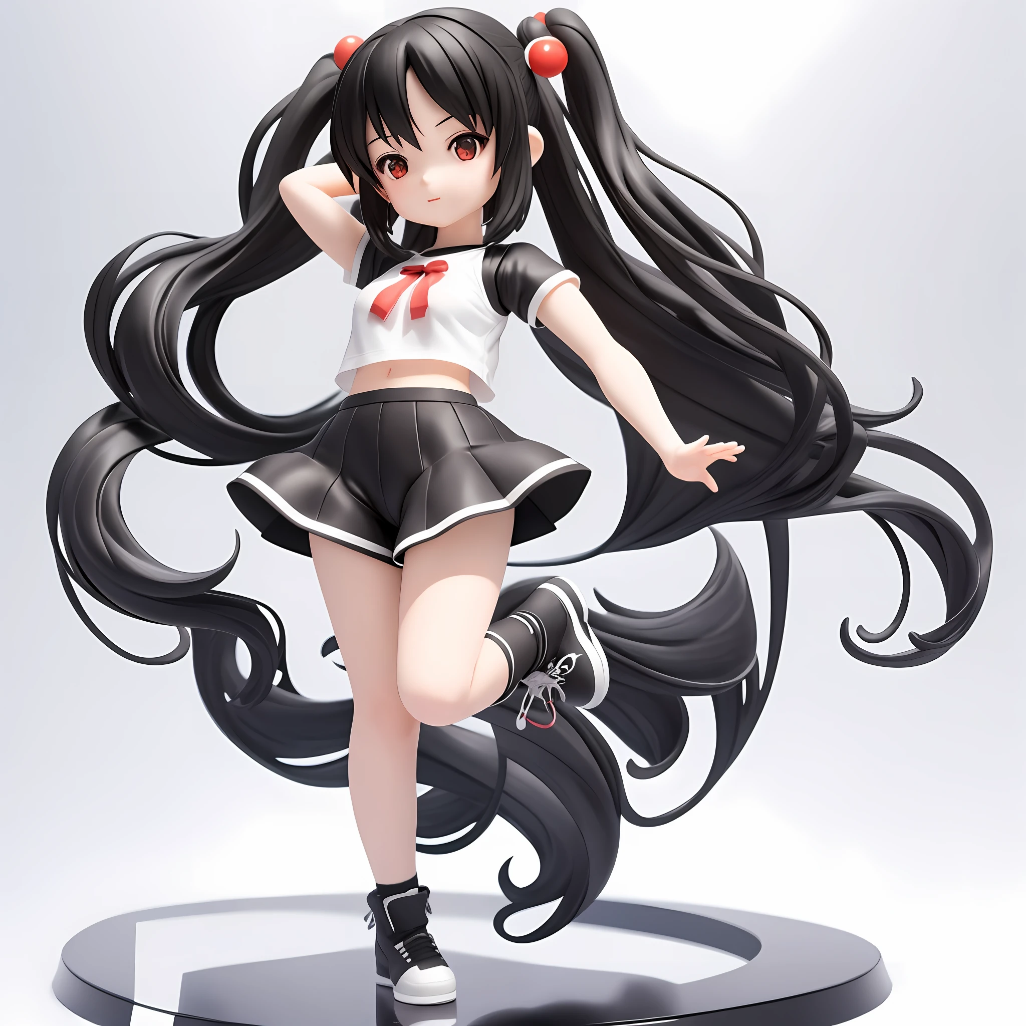 Anime girl, full body, 3 view front, side, back, black hair, simple clothes, shorts, two-dimensional, figurine material, white background, arm symmetry