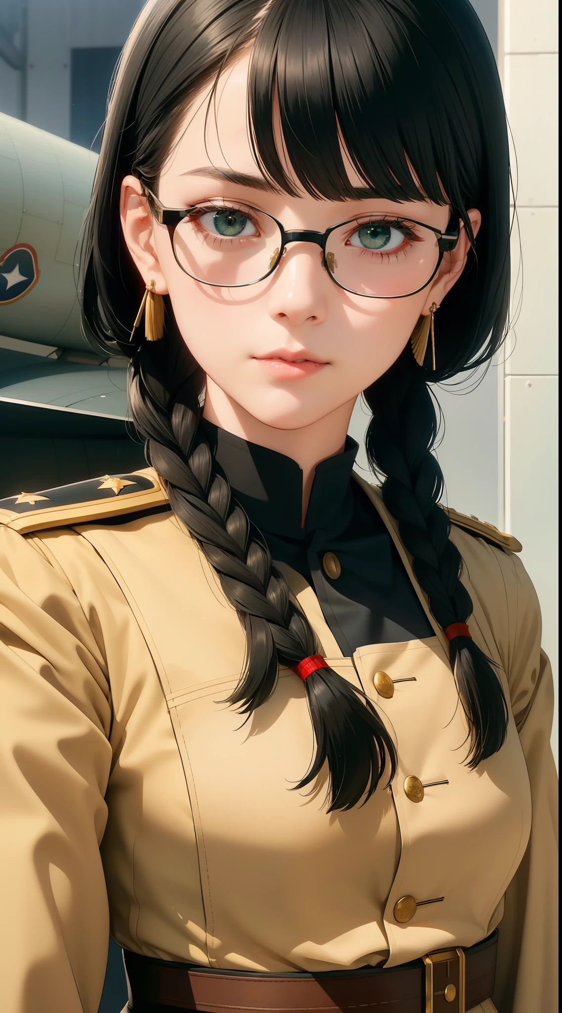 Modest outfit, remote shot, detailed beautiful delicate face, detailed beautiful delicate eyes, perfect facial proportions, high-definition skin, fine skin, four-inch best ratio. With one thumb, a masterpiece, highly detailed, realistic, (World War II German general uniform reference : 1.8), the highest face resolution, adult, modestly dressed woman, dressed entirely, ( small, black hair, black straight bangs, super fine braids, straight bangs, red glasses, dark green eyes), future, science fiction, fighter plane, standing On the landing of a fighter plane, the government agency, a deep intelligent personality, a calm expression, a respectful face, a war, a fighter plane