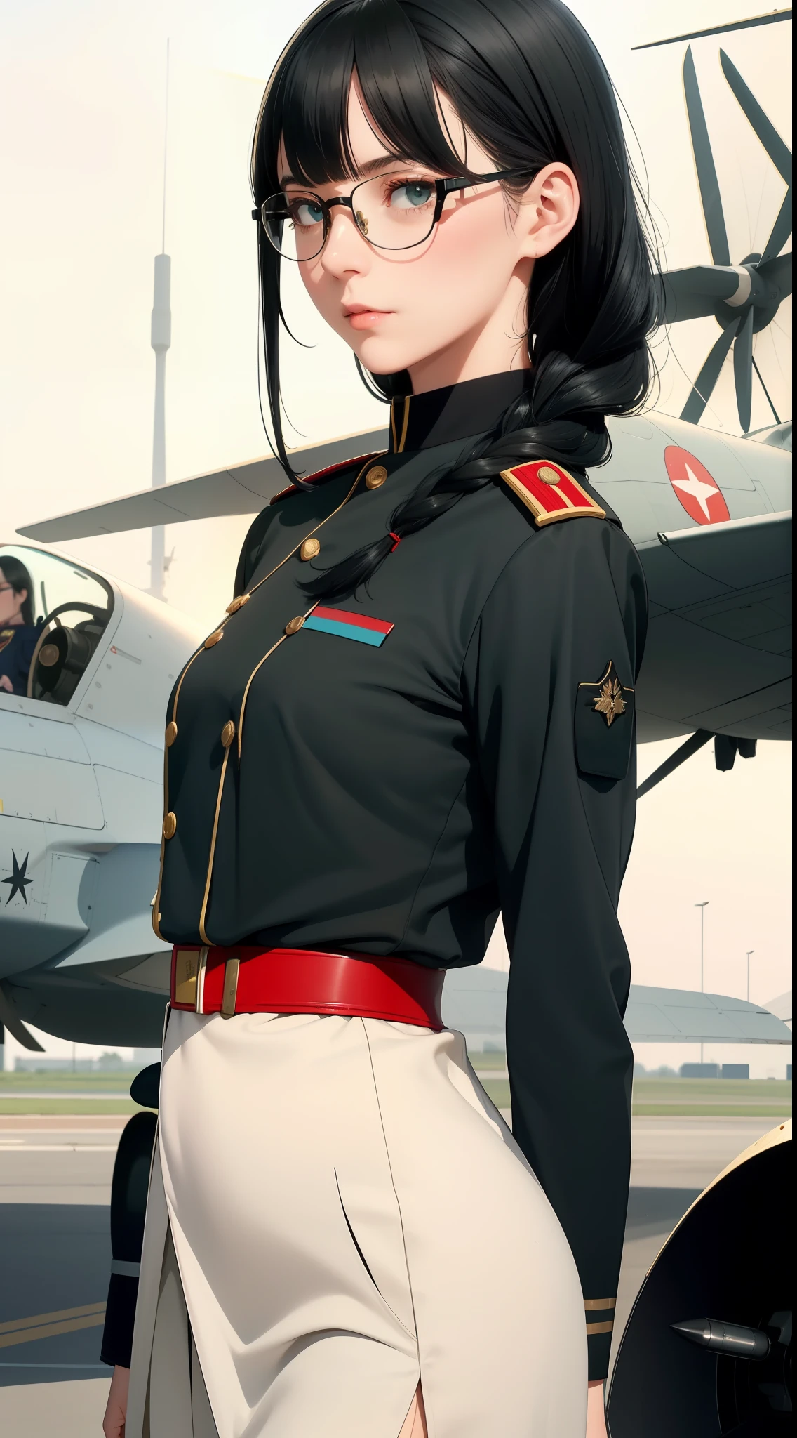 Modest outfit, remote shot, detailed beautiful delicate face, detailed beautiful delicate eyes, perfect facial proportions, high-definition skin, fine skin, four-inch best ratio. With one thumb, a masterpiece, highly detailed, realistic, (World War II German general uniform reference : 1.8), the highest face resolution, adult, modestly dressed woman, dressed entirely, ( small, black hair, black straight bangs, super fine braids, straight bangs, red glasses, dark green eyes), future, science fiction, fighter plane, standing On the landing of a fighter plane, the government agency, a deep intelligent personality, a calm expression, a respectful face, a war, a fighter plane