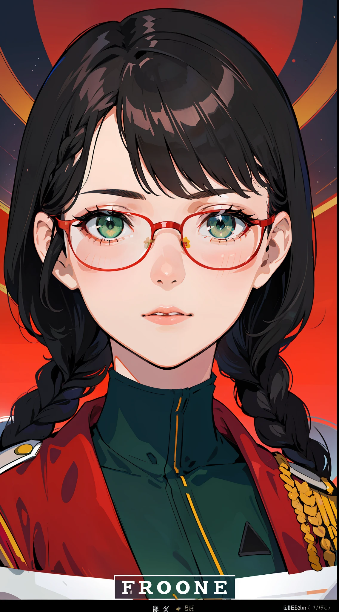 Human-like,Movie Poster,Real,(Face Resolution),Adult,Woman,25 years old,Dark green eyes,Dark black hair,Red glasses,(Double Braid hairstyle),(Smooth bang shape:1.4)),Commander uniform,Commander uniform,Standing at the Air Force Airfield,Science fiction,Sci-fi,(Reference to the film Foundation)