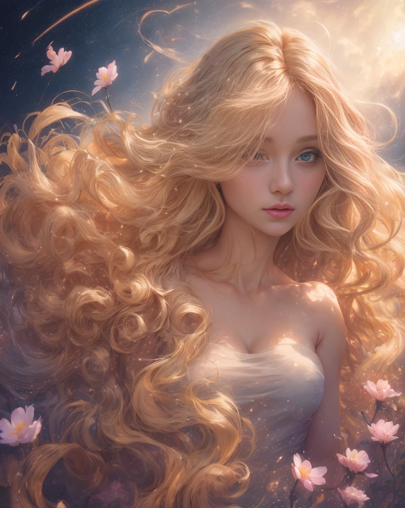(best quality, masterpiece), young woman, pose, particle, wind, flower, upper body, simple background, looking at viewer, long curly windblown blonde hair, galaxy,backlit,rimlight,beautiful artwork,perfect composition
