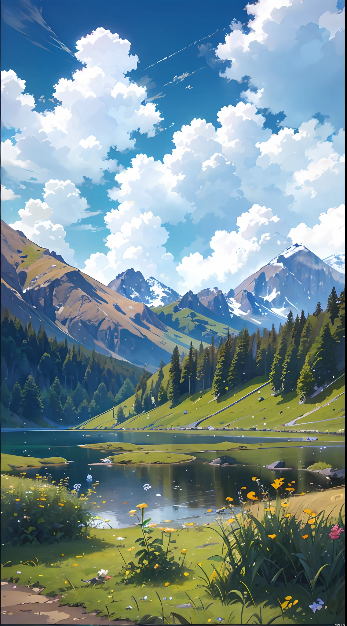 Summer, meadows, a few small flowers, clear lakes, sheep, heaven, large clouds, blue sky, hot weather, HD detail, hyper-detail, cinematic, surrealism, soft light, deep field focus bokeh, distant vistas are snowy mountains, ray tracing, and surrealism. --v6