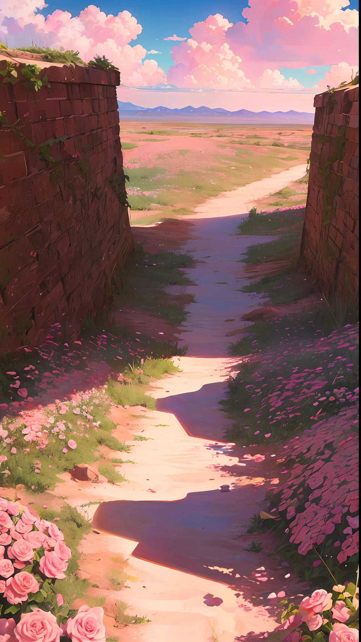 Summer, desert, pink clouds, a land overgrown with roses, James Gurney, art station rendering, ultra-wide lens, high definition