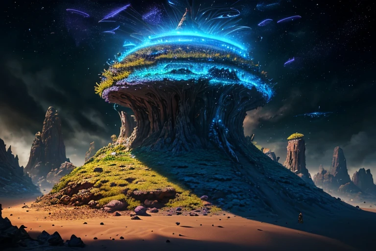 an futuristic ant hill  with some visual effects, a legendary creatures guarding it, realistic hd, HDR,4k upscale