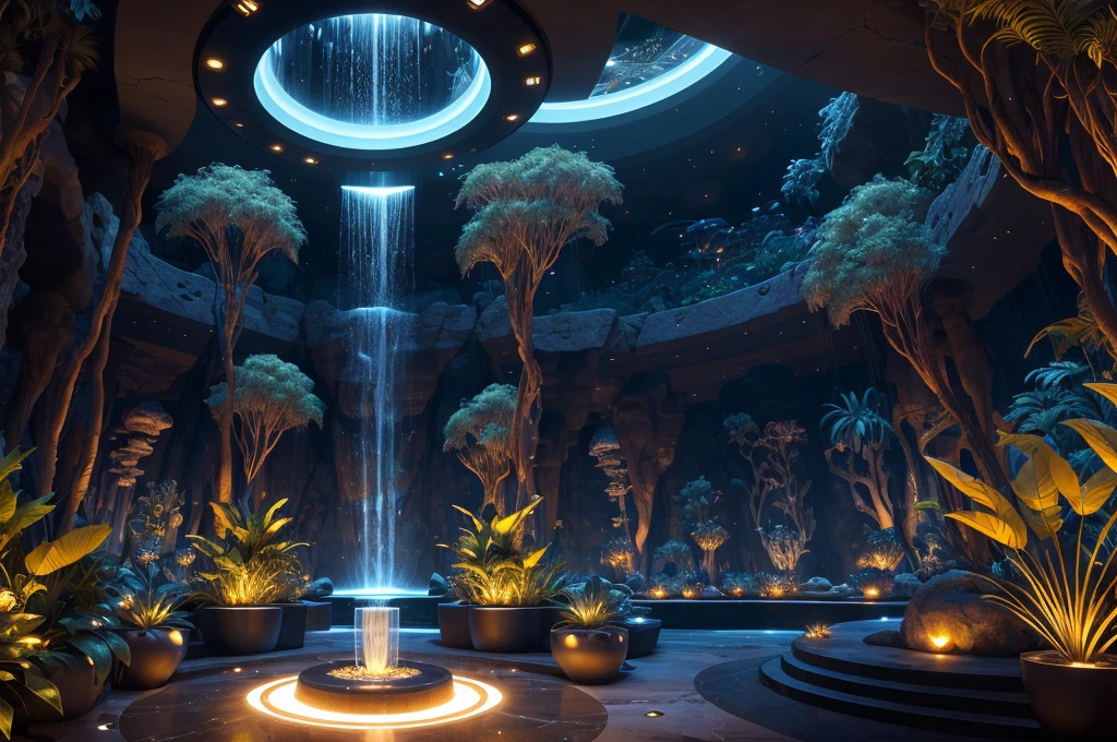 incredible black luxurious futuristic interior in Ancient Egyptian style with many (((lush plants))) (lotus flowers), ((palm trees)), ((flowers)), rocky walls, ((sand)), ((waterfalls)) (marble), ((precious minerals)), ((metals)), (gemstones), crystals, clouds and ((water)), (hieroglyphics), ((trees, flowers, plants made out of precious minerals and lights)), (((ultra luxury))), (black marble) – with ((beautiful lights)), Unreal Engine, HQ, 16k
