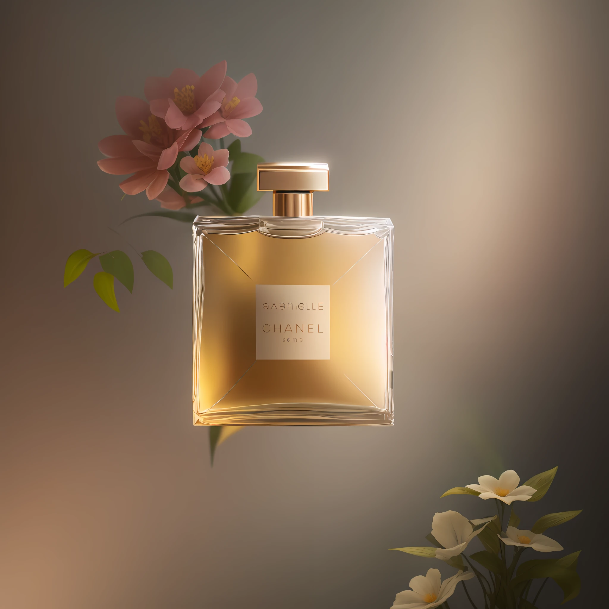Product photography of a perfume bottle arranged with plants and flowers, realistic, light background, realistic rendering --v 6