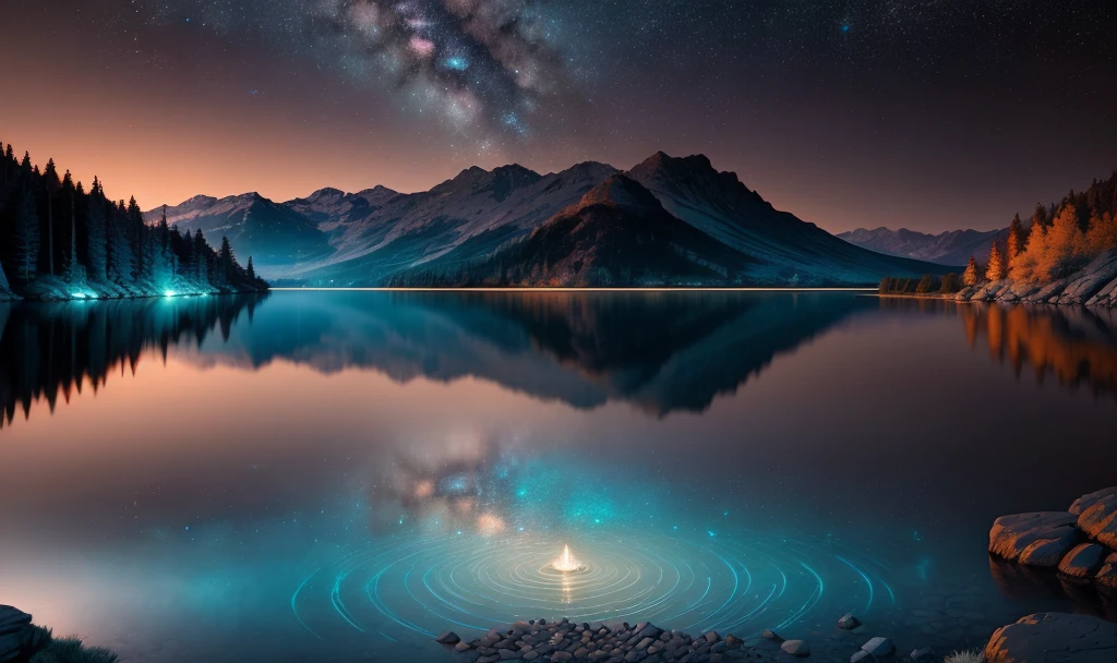 lake,rocks,night,milky way,reflected in the water,synthwave,authentic landscape, intricate details, extremely detailed, slate-gray-blue atmosphere, teal and orange lut,  Brian Oldham, Irina Ermolova, Patrick Dougherty