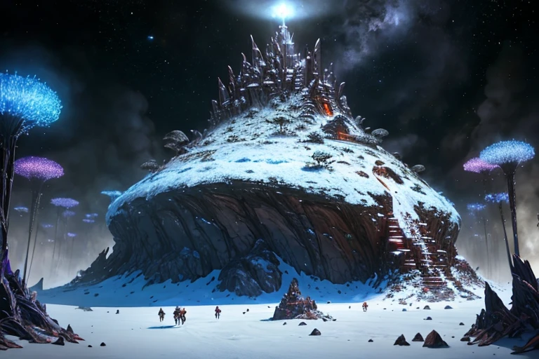 an futuristic ant hill with some visual effects, a legendary creatures guarding it, realistic hd, HDR,4k upscale