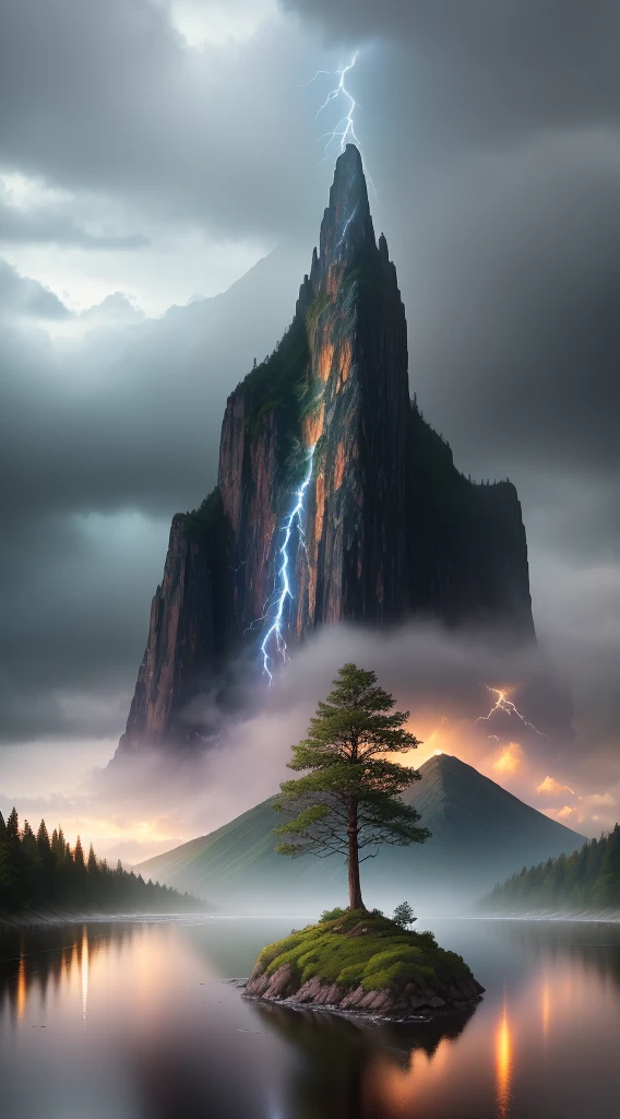 analog style,Chromav5, nvinkpunk,masterpiece, best quality, high quality,extremely detailed CG unity 8k wallpaper, scenery, outdoors, tree, no humans, sky, cloud, mountain, nature, river, water, rock, cloudy sky, day, landscape, reflection, lake, blue sky, building, mountainous horizon,heavy rain, rainbow, rain, Stormy, lightning, mist, fog , oil paiting, award winning photography, Bokeh, Depth of Field, HDR, bloom, Chromatic Aberration ,Photorealistic,extremely detailed, trending on artstation, trending on CGsociety, Intricate, High Detail, dramatic, art by midjourney