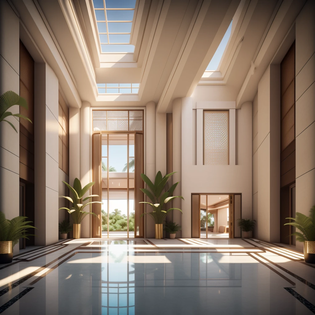 (masterpiece),(high quality), best quality, real,(realistic), super detailed, (full detail),(4k),8k,no humans, scenery, window, reflective floor, plant, sunlight, indoors, day, reflection, door, sky, watermark, potted plant, blue sky, wooden floor