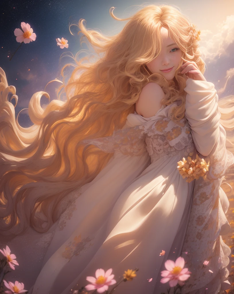 (best quality, masterpiece), young woman, pose, happy, particle, wind, flower, upper body, simple background, looking at viewer, long curly windblown blonde hair, galaxy,backlit,rimlight,beautiful artwork,perfect composition
