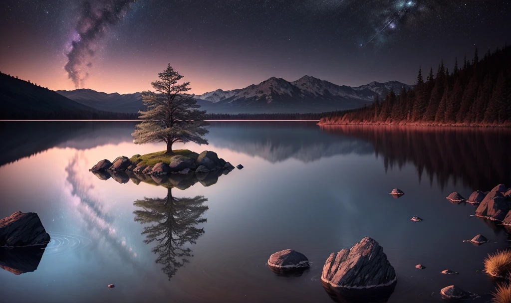 lake, rocks, night, milky way, reflection in water, synthwave, vortex, authentic landscape, intricate details, extremely detailed, shale-gray atmosphere, Brian Oldham, Irina Ermolova, Patrick Dougherty