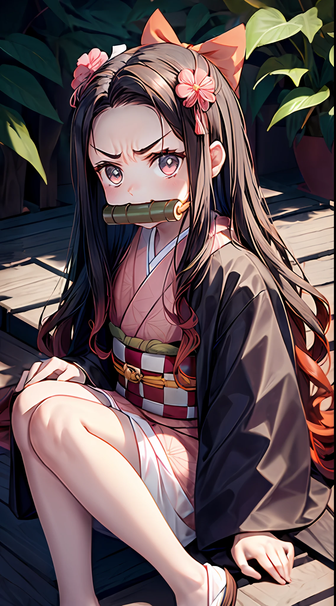 Masterpiece, Best Quality, High Resolution, venus1, 1girl, solo, Tsuko Kamato, Bamboo, bit gag, brown hair, checkered belt, gag, gradient hair, hair ribbon, haori, japanese clothes, kimono, long hair, looking at the audience, colorful hair, orange hair, pink eyes, pink kimono, pink ribbon, ribbon, solo, upper body, (((masterpiece)), frontal, sitting, cute, puffed cheeks, angry, wide eyes