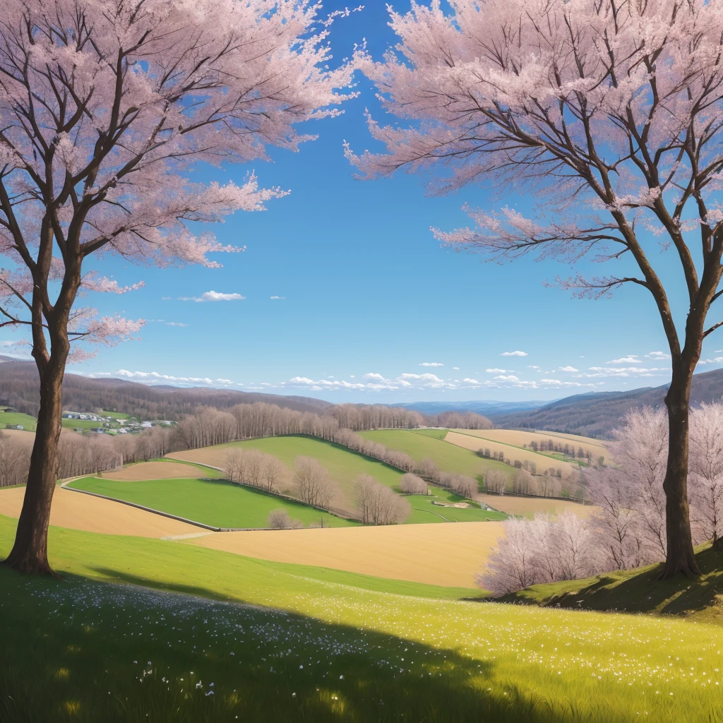 There are two green trees standing on the grass, anime country scenery, anime scenery, beautiful anime scenery, anime scenery, landscape artwork, anime nature, anime landscape wallpaper, anime beautiful peace scene, beautiful anime scene, detailed scenery - width 672, realistic landscape, anime background art, very beautiful scenery, beautiful scenery, very, very beautiful scenery