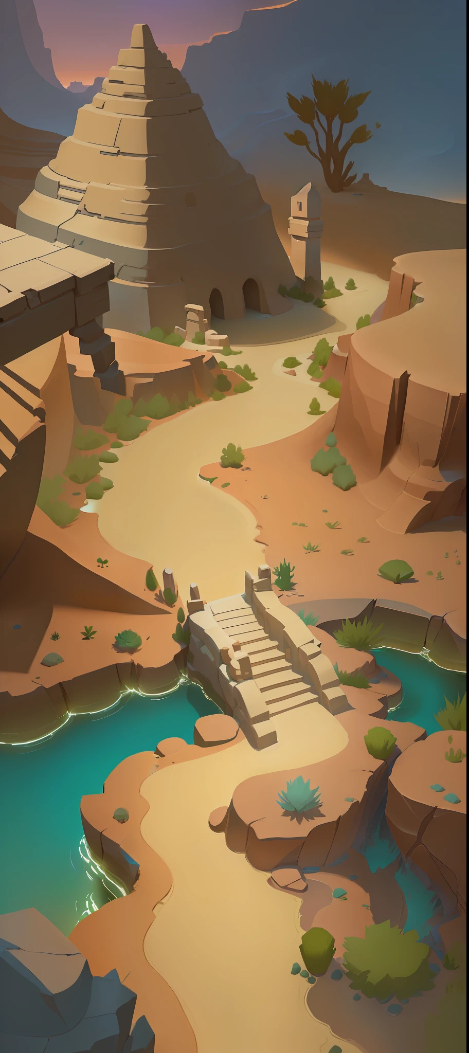 there is a small bridge crossing a small stream in a desert, desert oasis background, stylized concept art, mobile game background, canyon background, stylized game art, desert oasis, arena background, background art, mobile game art, cave town, canyon, oasis in the desert, background artwork, stylized shading, simple stylized, cliffside, detailed game art