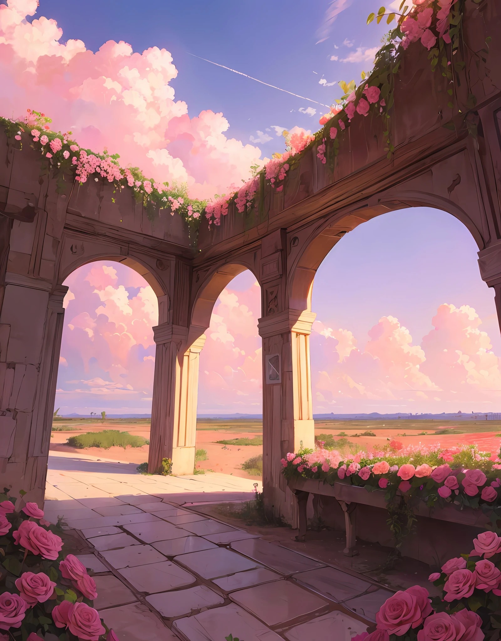 Summer, desert, pink clouds, a land overgrown with roses, James Gurney, art station rendering, ultra-wide lens, high definition