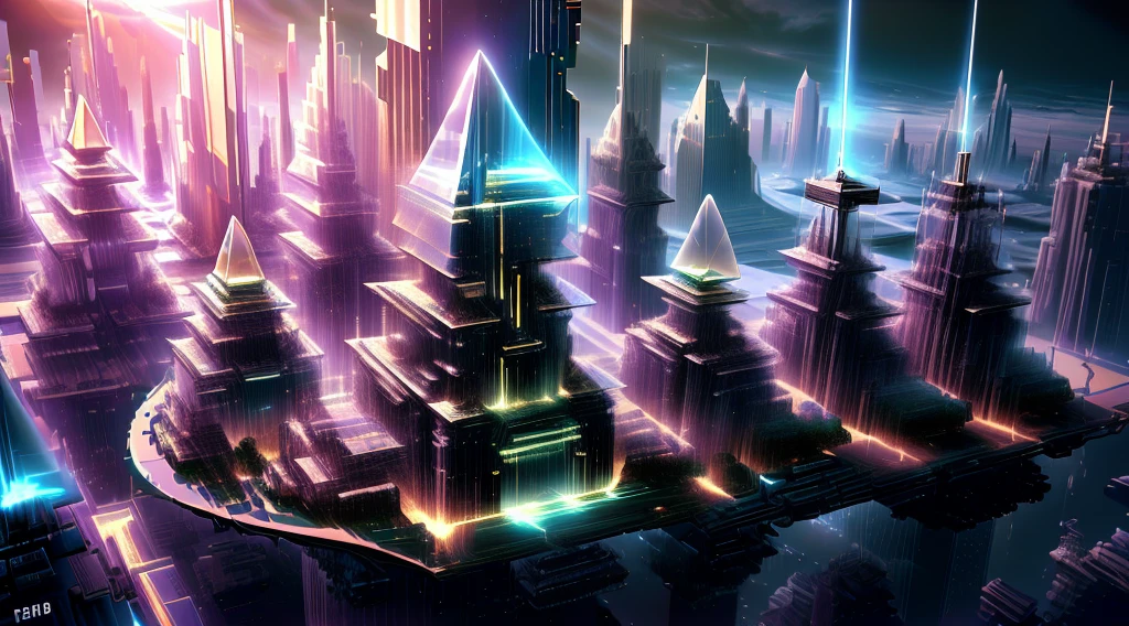 "A futuristic background of a golden glass pyramid with laser beams leads to a hyper-realistic scific city with huge skyscrapers. The hyper resolution of the background is 4k and has an aspect ratio of 16:9."