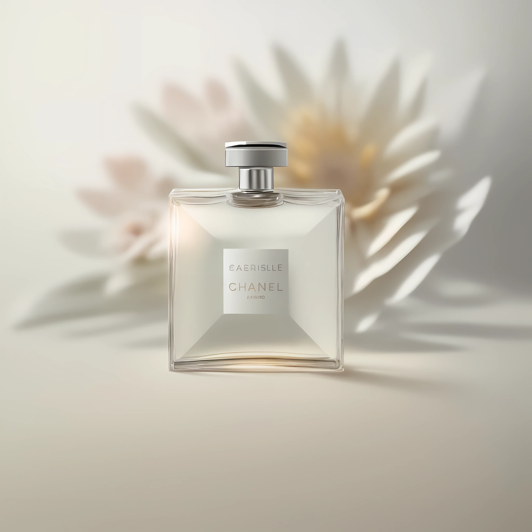 High-definition, realistic, colorful natural perfume bottle shooting scene. The shooting angle is dynamic and the composition is reasonable, and the subject is a perfume bottle on a white or light gray surface and natural elements such as plants and flowers to synergistically enhance the beauty of the picture. Use a lens with a shallow aperture and a long focal length (e.g. 70-200mm lens) to capture the details of elements such as perfume bottles and plants. Use natural light sources to achieve natural-lifelike results.