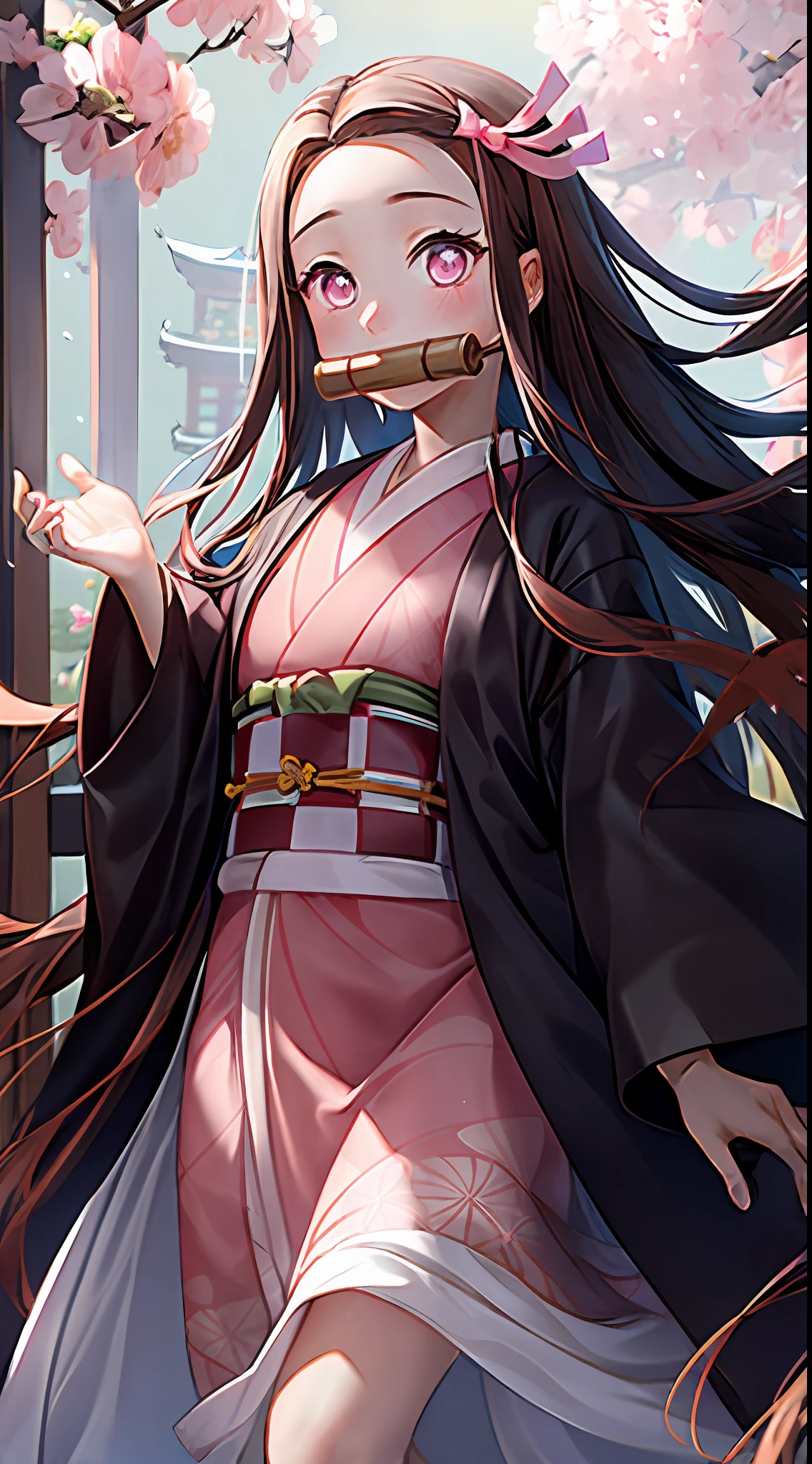 Masterpiece, best quality, high resolution, venus1, 1girl, solo, kamato nezuko, bamboo, brown hair, ((pink ribbon)) checkered belt, gag, gag, gradient hair, haori, japanese clothes, kimono, long hair, looking at the audience, pink eyes, pink kimono, pink ribbon, solo, frontal, cute, wide eyes