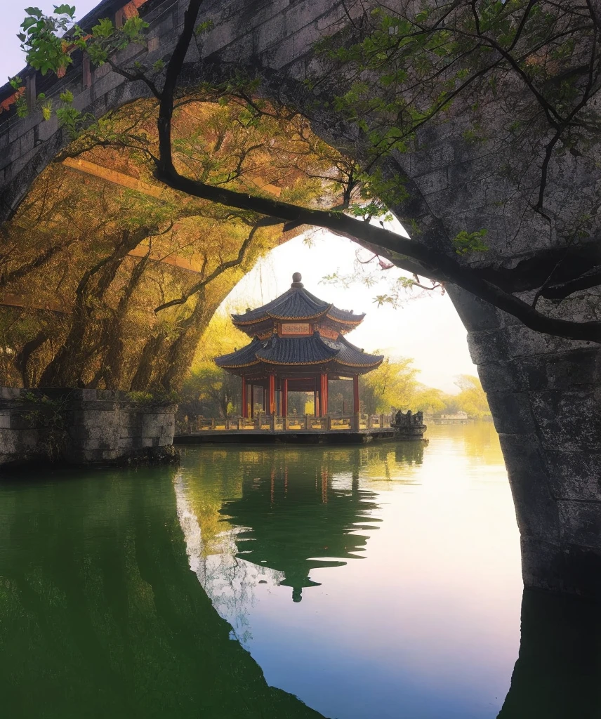 arafed bridge over a body of water with a pavilion in the middle, ancient chinese architecture, hangzhou, chinese architecture, beautiful place, by Yang J, song dynasty, tang dynasty palace, dreamy chinese town, beautiful image, zhouzhuang ancient town, chinese landscape, chinese palace, peaceful and serene, beautiful render of tang dynasty, by Wang E