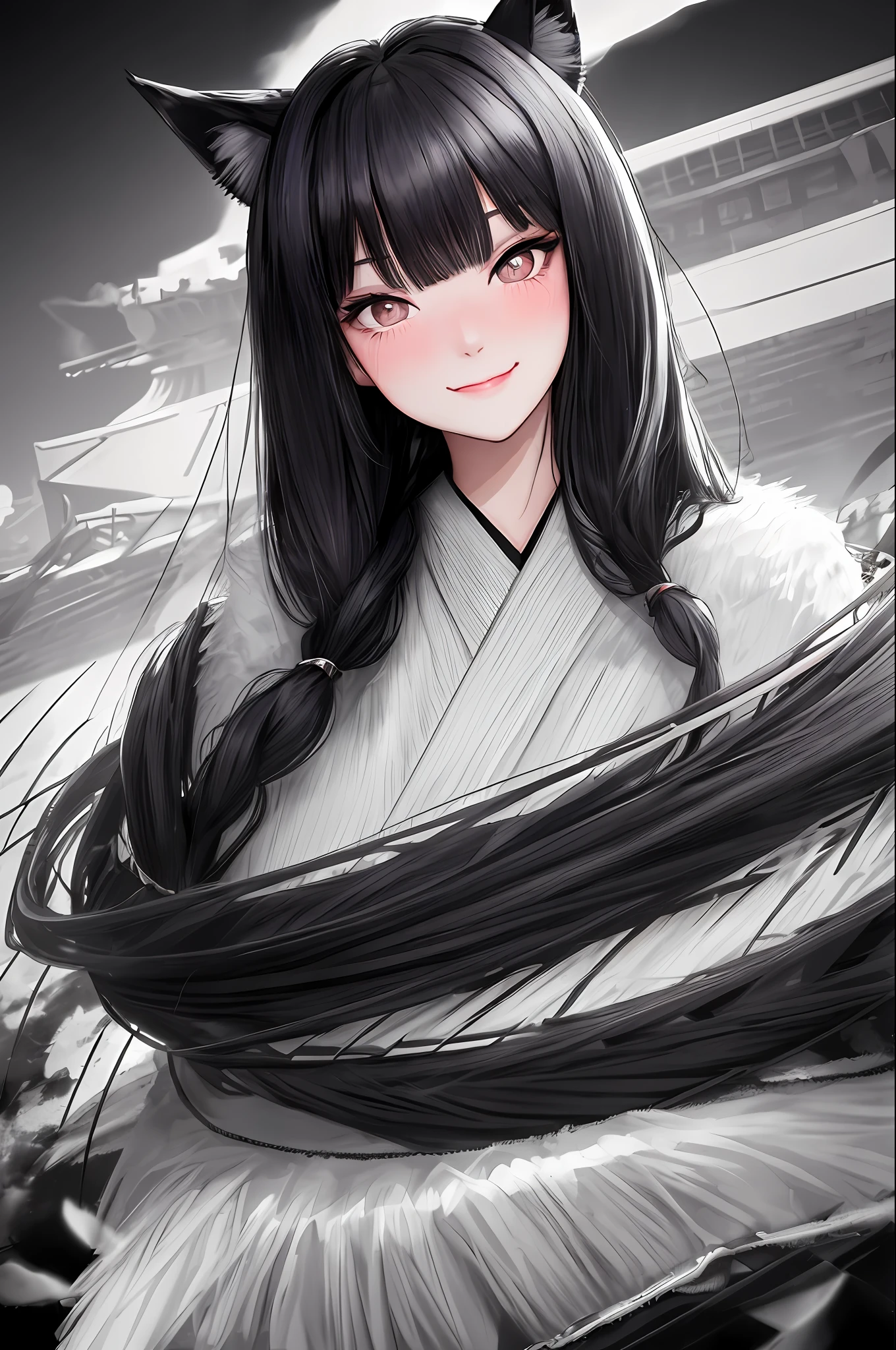 black hair, hair bobbles, wince, longeyelashes, solid circle eyes, fake animal ears, light smile, ear blush, fang, Surrealism, drop shadow, anaglyph, stereogram, tachi-e, pov, atmospheric perspective, 8k, super detail, ccurate, best quality